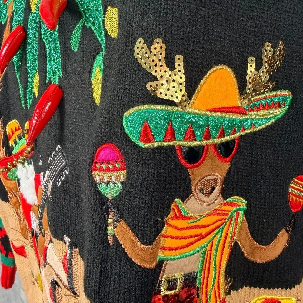 Feliz Navidad Ugly‎ Christmas Sweater 1X Embroidered Santa Reindeer Hot Peppers